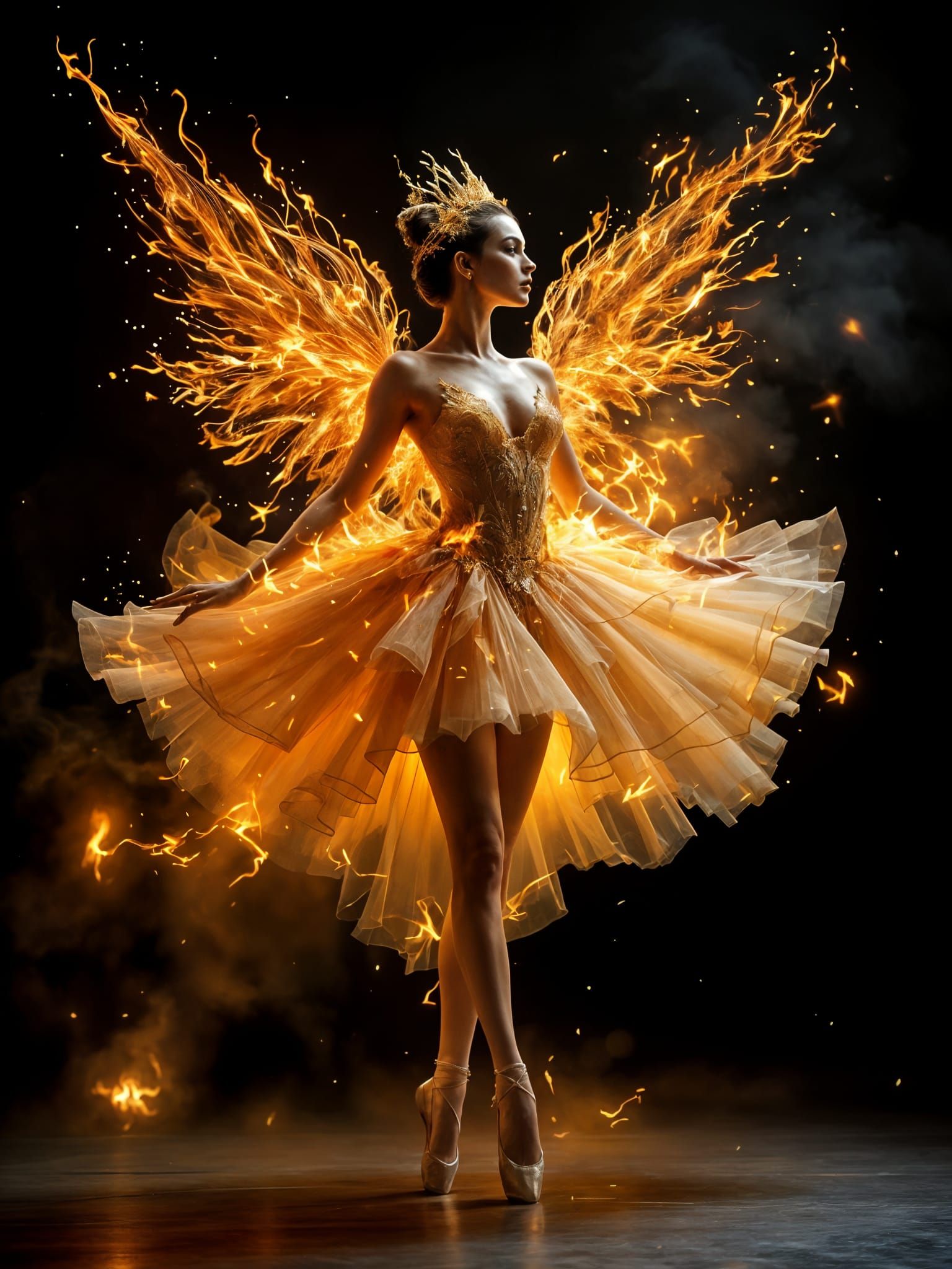 A surreal image of a ballet dancer with a tutu made of golden flames, posed elegantly en pointe with ...  by @undefined