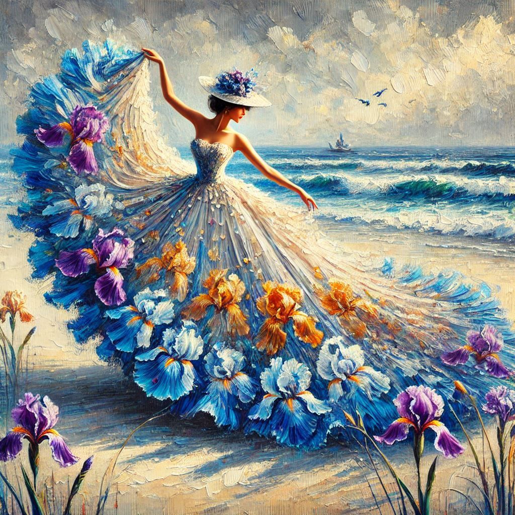 A beautiful lady showing her dress with iris flowers in the beach