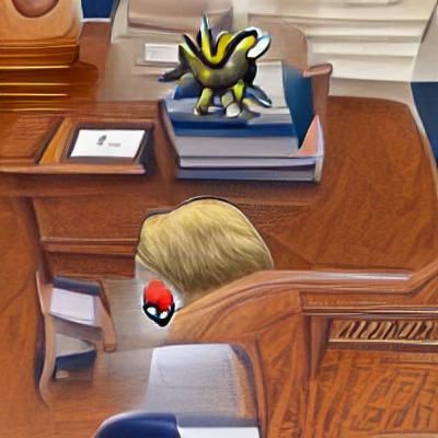 A photorealistic pokemon sitting in the oval office