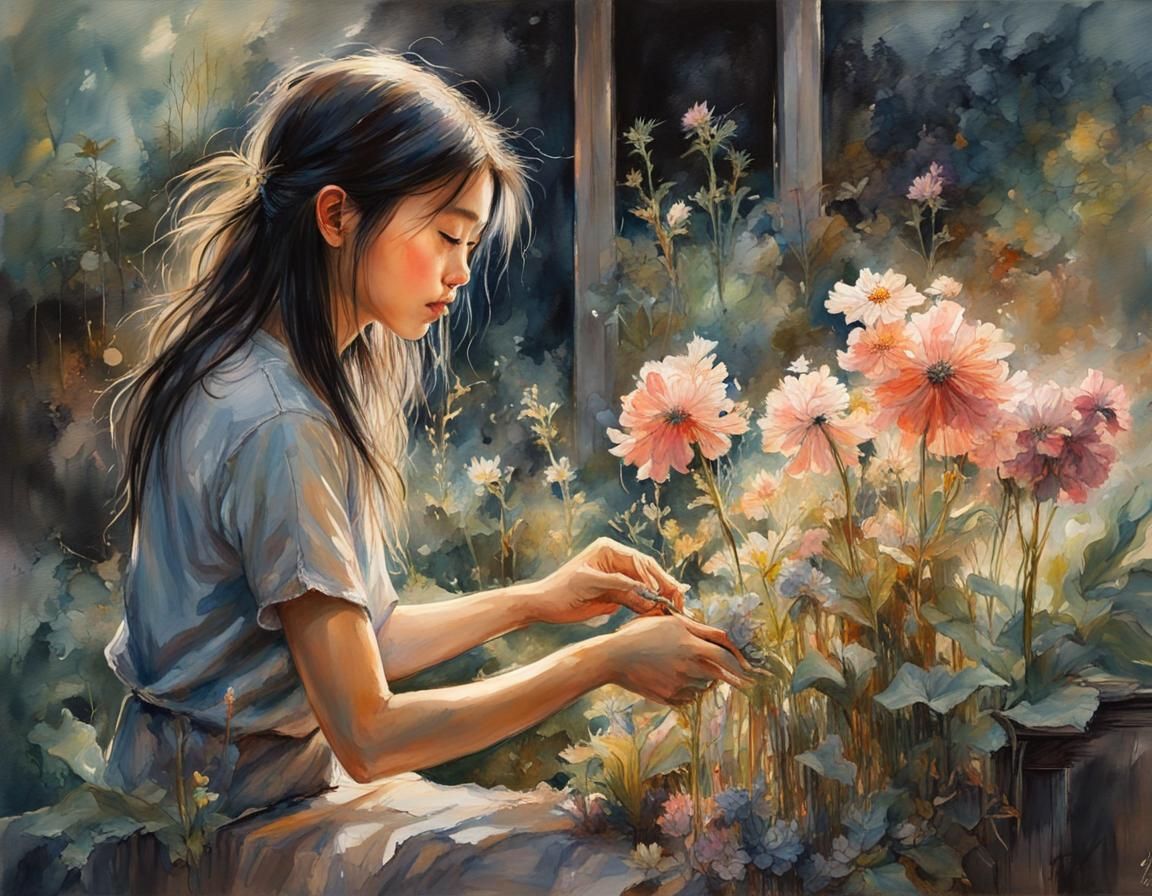 Asian girl doing gardening, shining in sunrise, ray of lights, lush flowers garden, perfect hand anatomy, classic waterc...