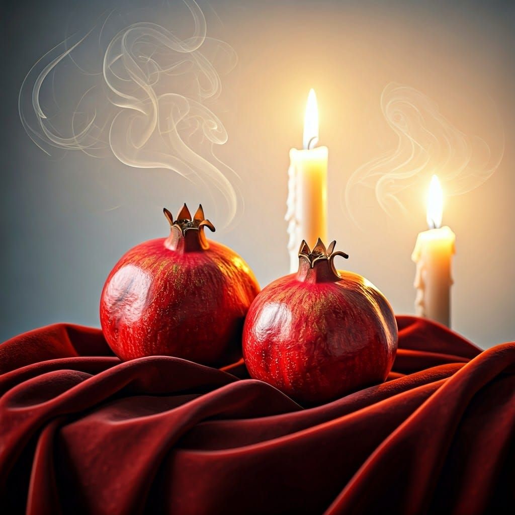 Glowing Shabbat Candles with Pomegranates in Soft Golden Lig...