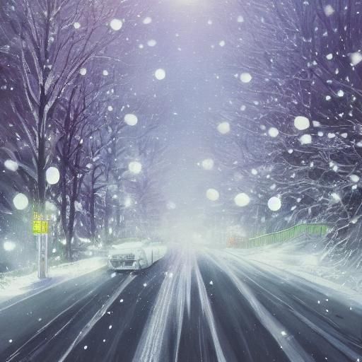 The snow is falling cause low invisible on the road. Driving...