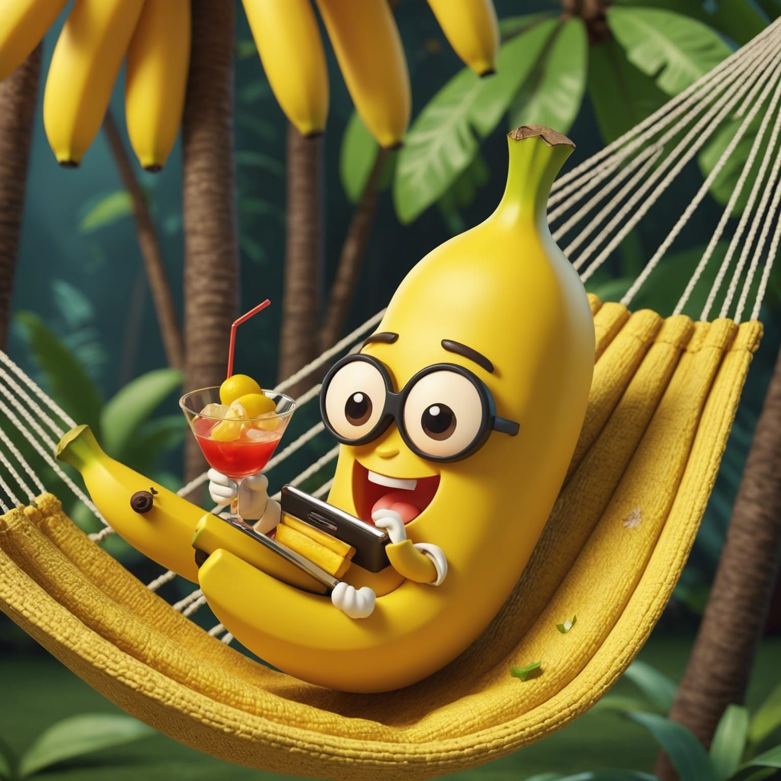 Cute chibi banana fruit lying in a hammock, drinking a flamb...