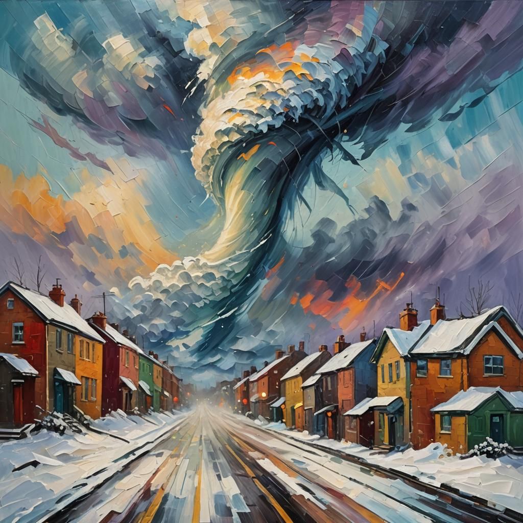 Tornado Approaches City in Neo-Impressionist Style