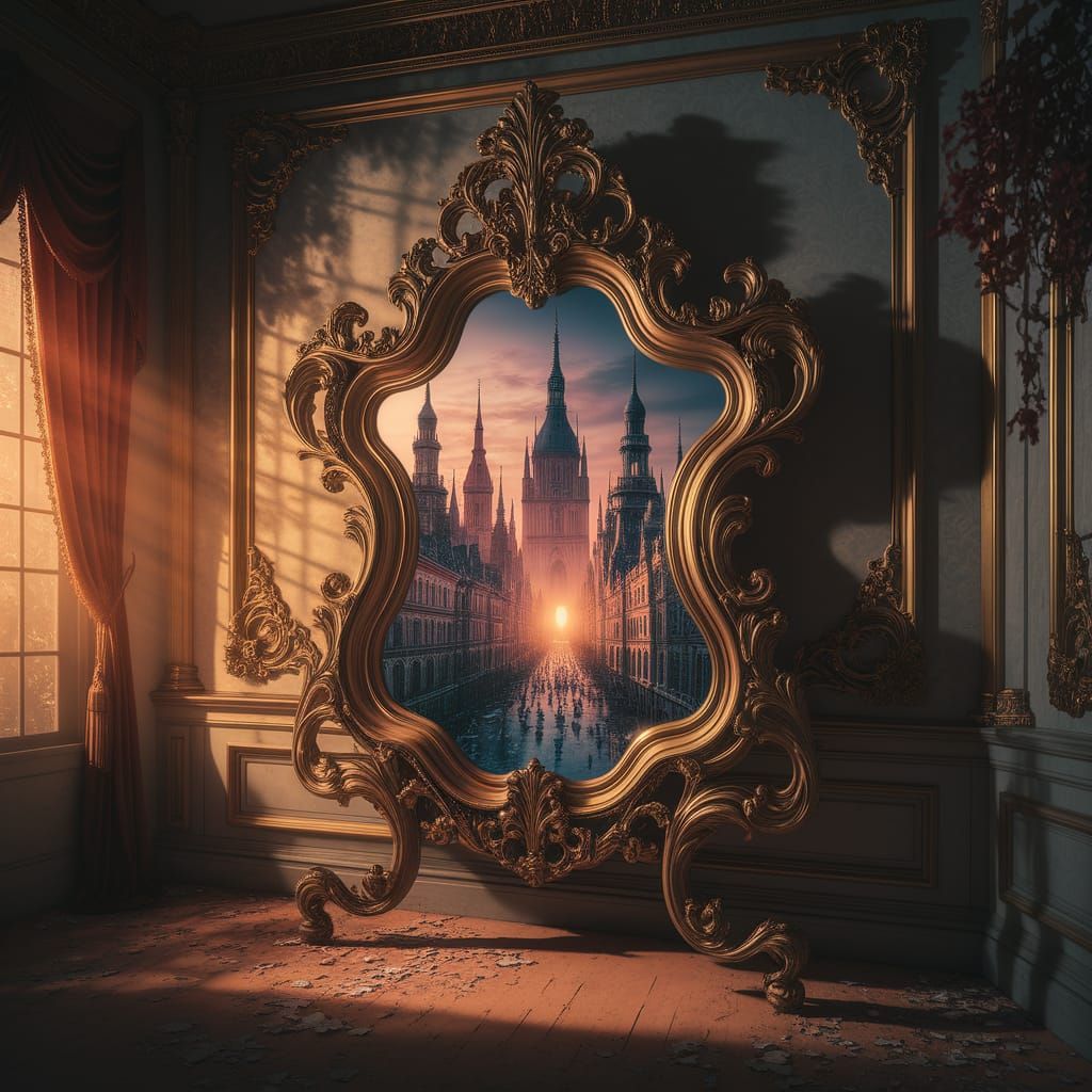 A weathered, ornate mirror in a grand, decaying ballroom reflects not the room, but a bustling, alternate-reality city bathed in perpetual t...