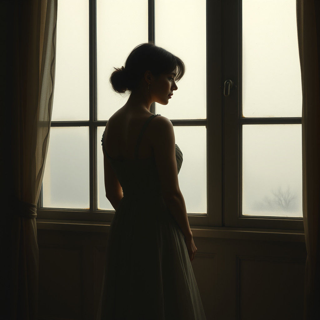 Contemplative Woman at Window in Realistic Style