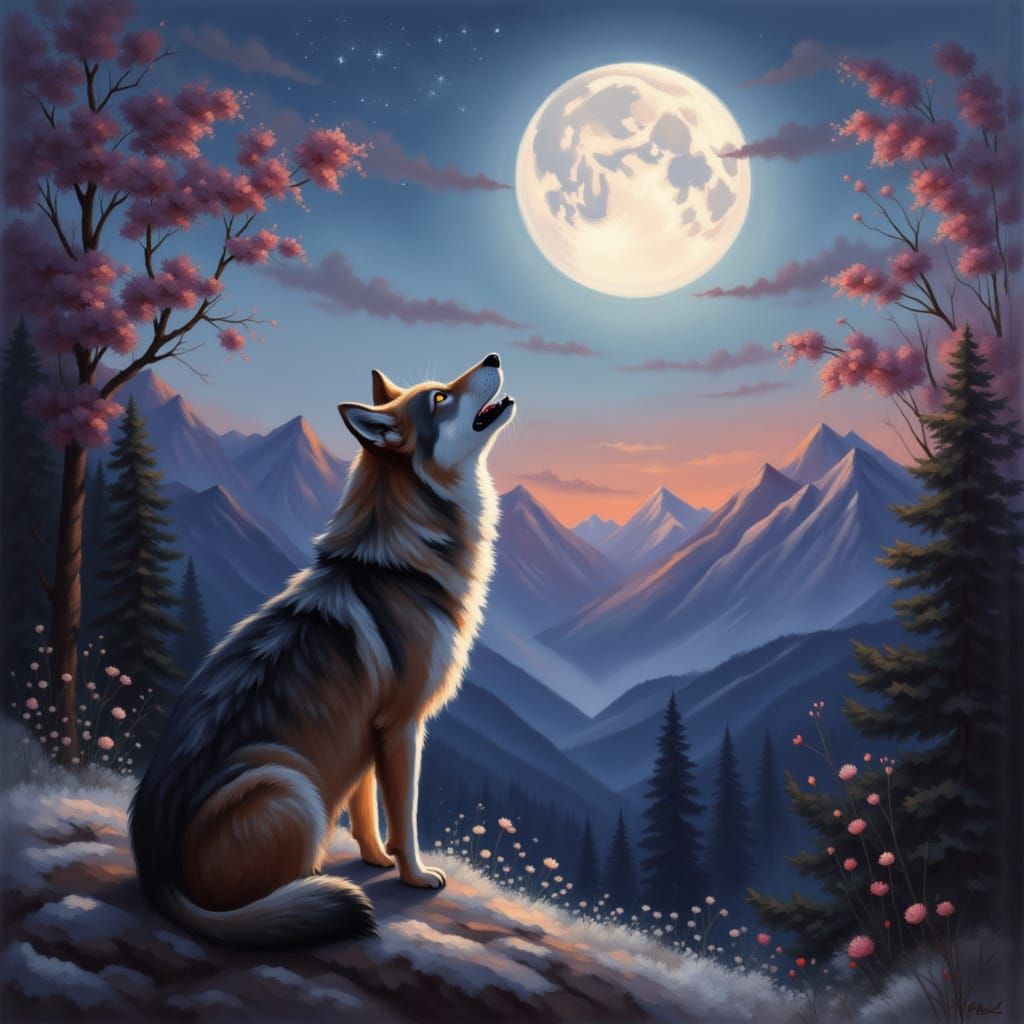 Magnificent wolf howling at the moon under a full moon in the mountains
<lora:ModernImpressionnist:1.0>