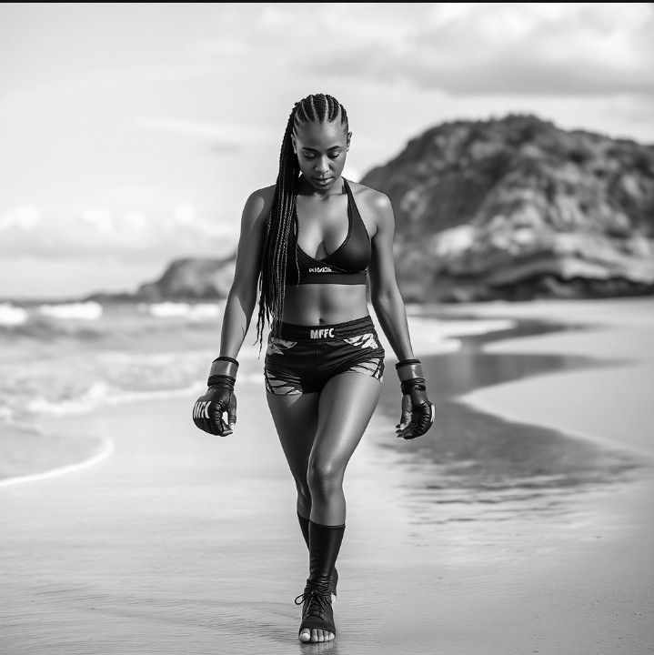 BLACK FEMALE MMA FIGHTER WITH BRAIDED HAIR WEARING A BLACK AND GOLD SHORTS A BLACK SPORTS BRA WALKING ON THE BEACH.