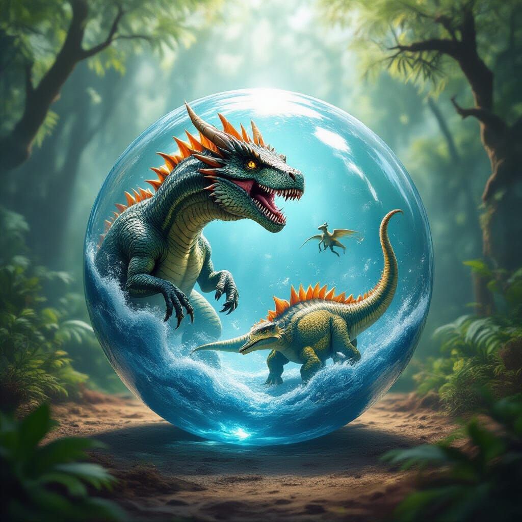 Dragon and Dinosaur Hugging Inside a Crystal Ball