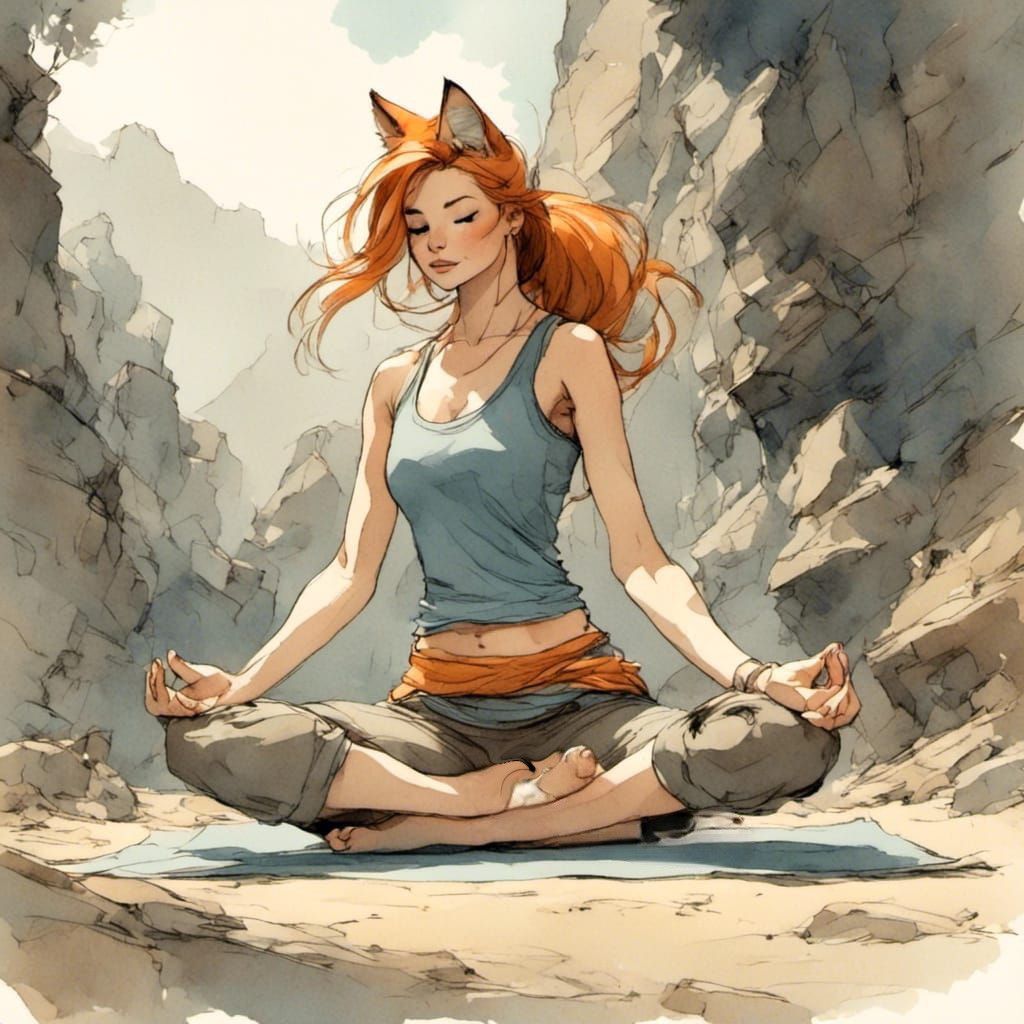 Fox-girl VIXEN, practices yoga.