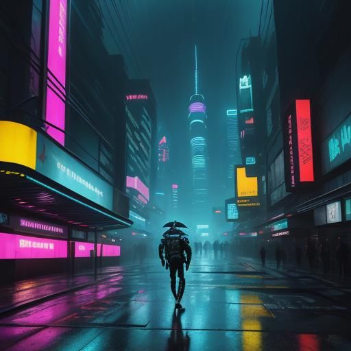 Cyberpunk Beach Scene with Neon Reflections