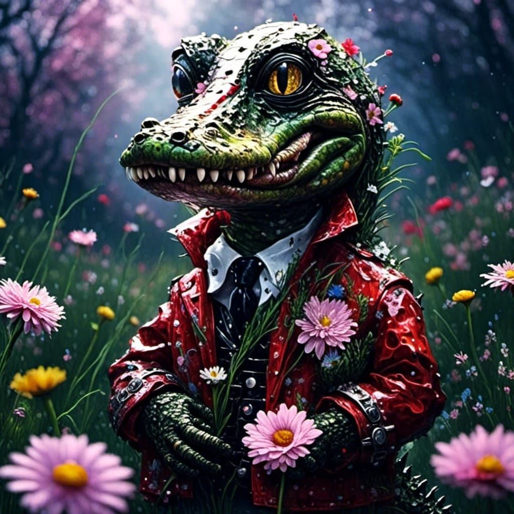 A surreal masterpiece! Cute Chibi alligator in Santa suit in flower meadow! <lora:Detailed realism:1.0> Lovely contrast : HDR : complex : ou...