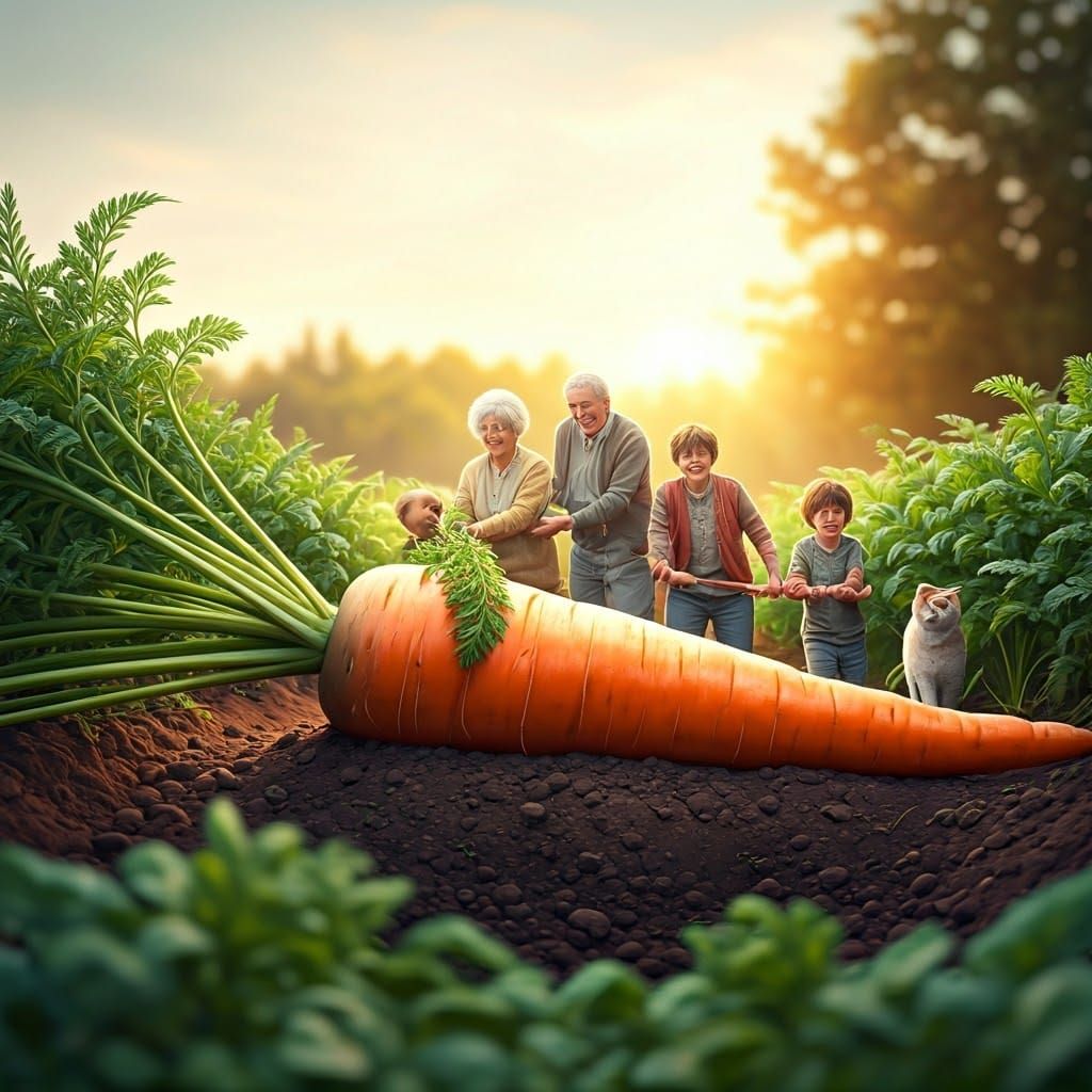 Whimsical Family Carrot Harvest in Golden Sunlight