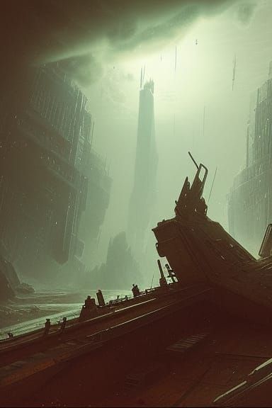 Cyberpunk astronaut, abandoned city flying 19th century ship...