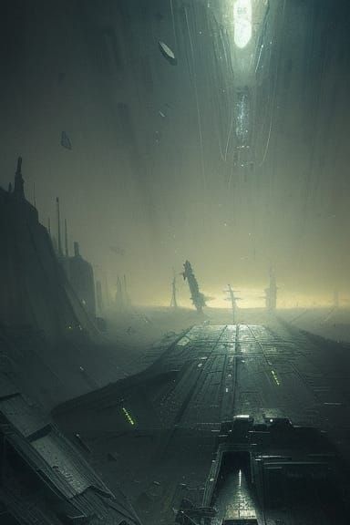 Cyberpunk astronaut, abandoned city flying 19th century ship...
