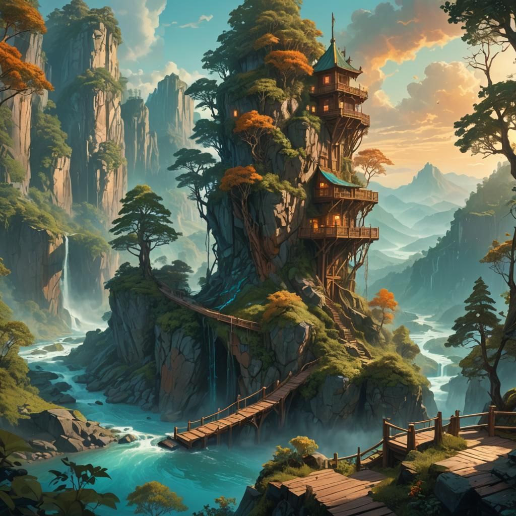 Tall wooden lookout in the middle of the mountain,in front of that there are trees with river flowing beneth.