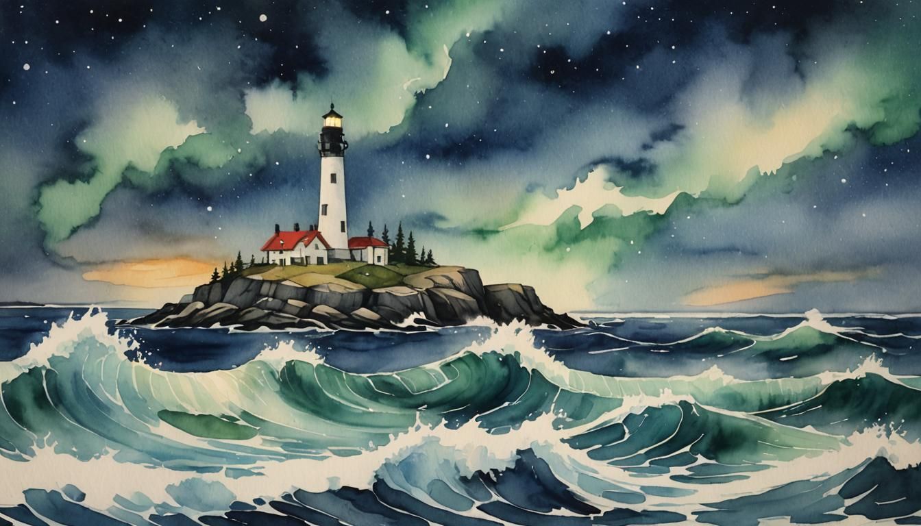 aurore boreal at night  with Lighthouse watercolor, stunning...