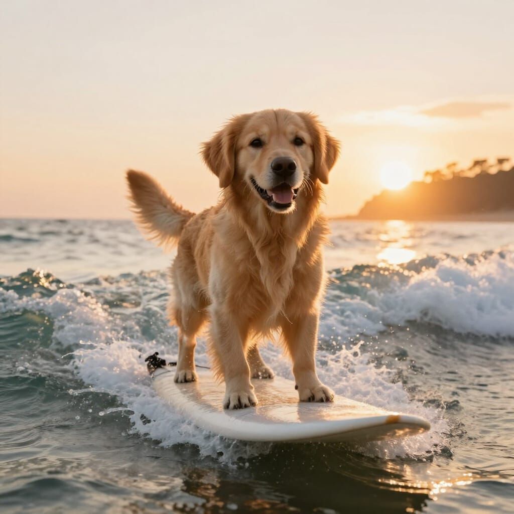 Golden Retriever Surfs Wave at Sunset in Hyperrealism