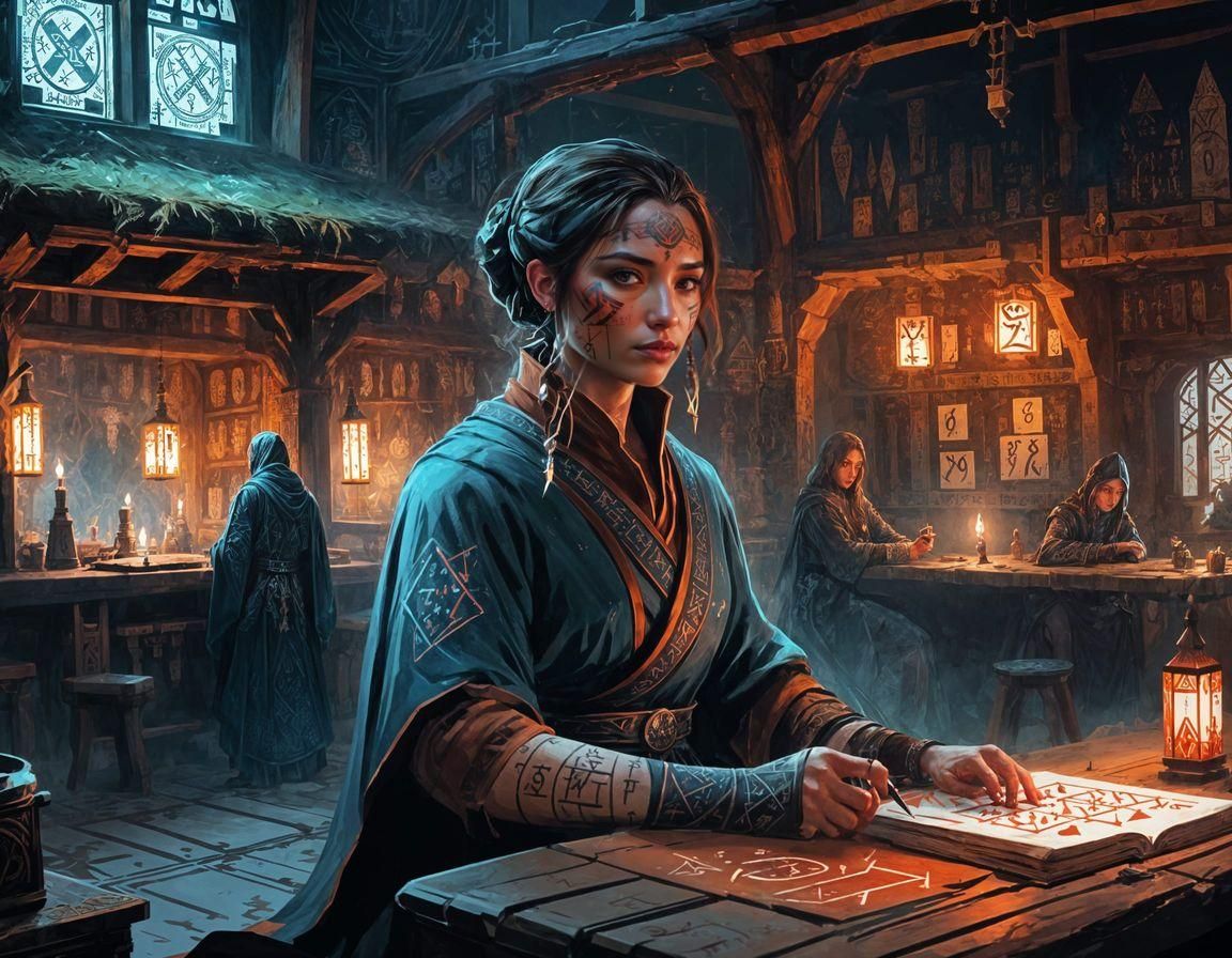 Crystallized Assassin with Runic Tattoos in Tavern