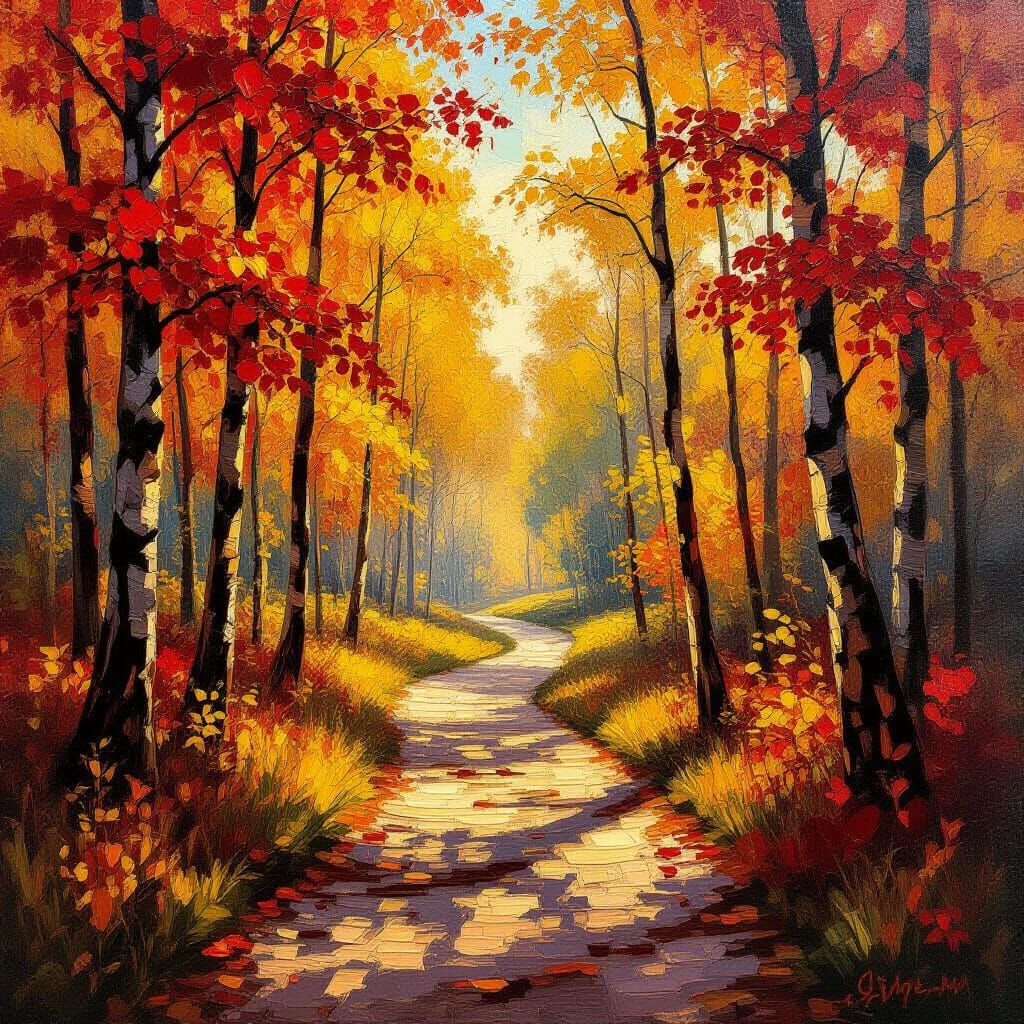 Autumn Forest Path Oil Painting with Golden Hour Glow