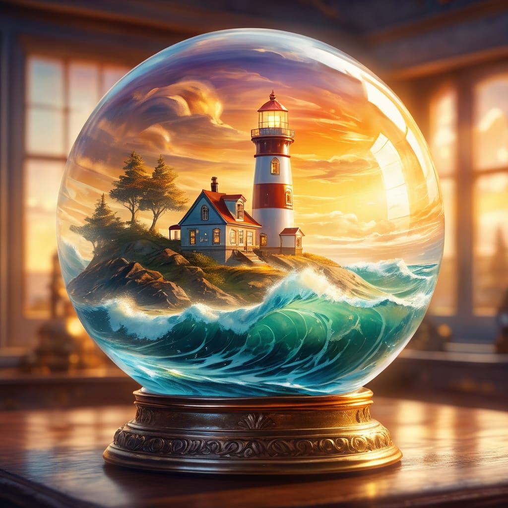 Lighthouse scene inside an ornate glass globe  by @roland