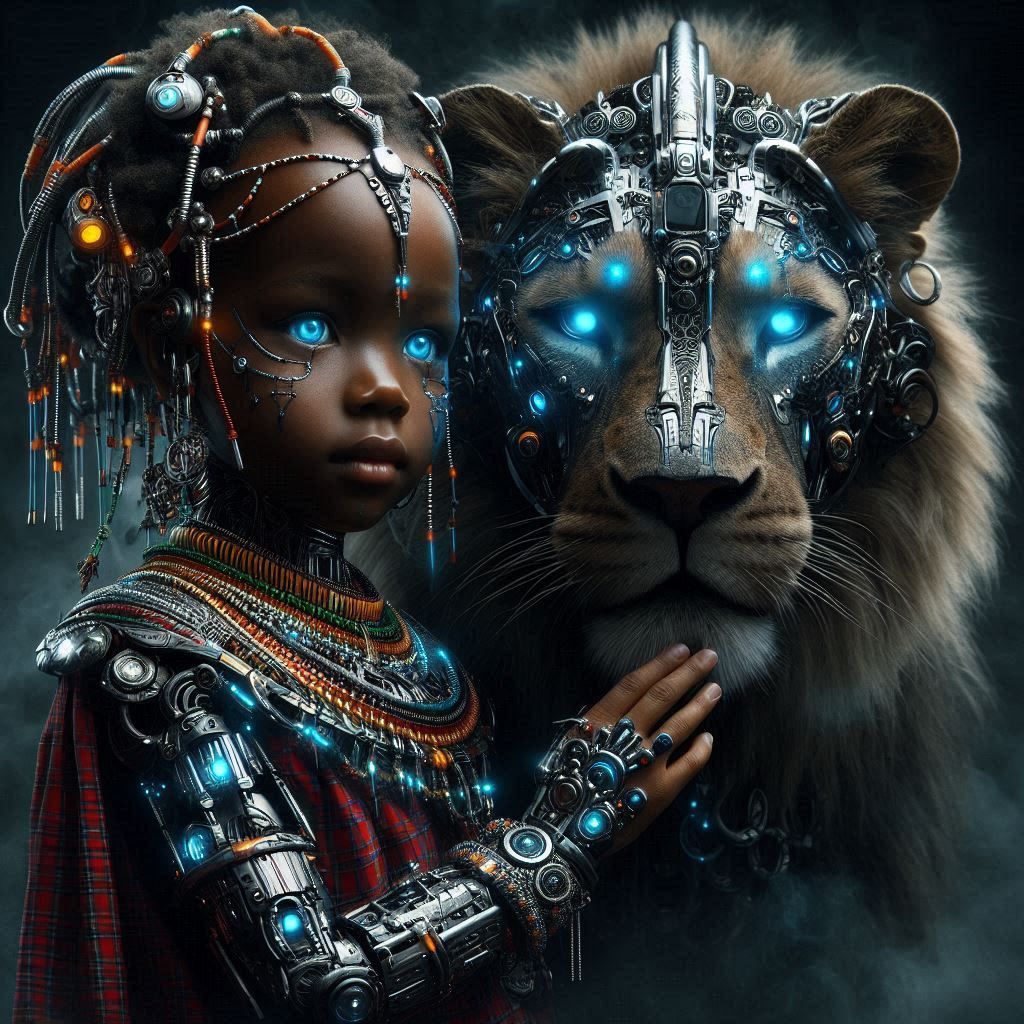 Xolani, Maasai warrior and her Lion Lesanju