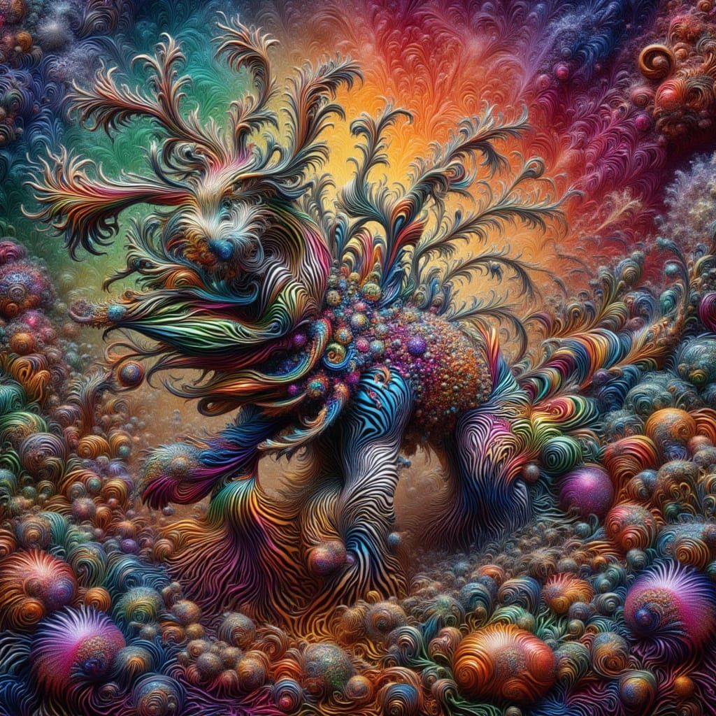 <lora:kkd-fractalcolor:1.0>dog, pointy hair, Fractal, surreal, colorful, zebra patterns, swirl, impasto texture,