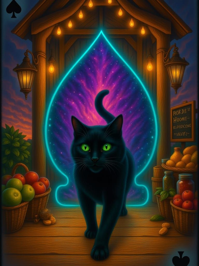in a Ace of black spades playing card style  Magical pure black velvet fur cat with bright green eyes walking out of a glowing purple and te...
