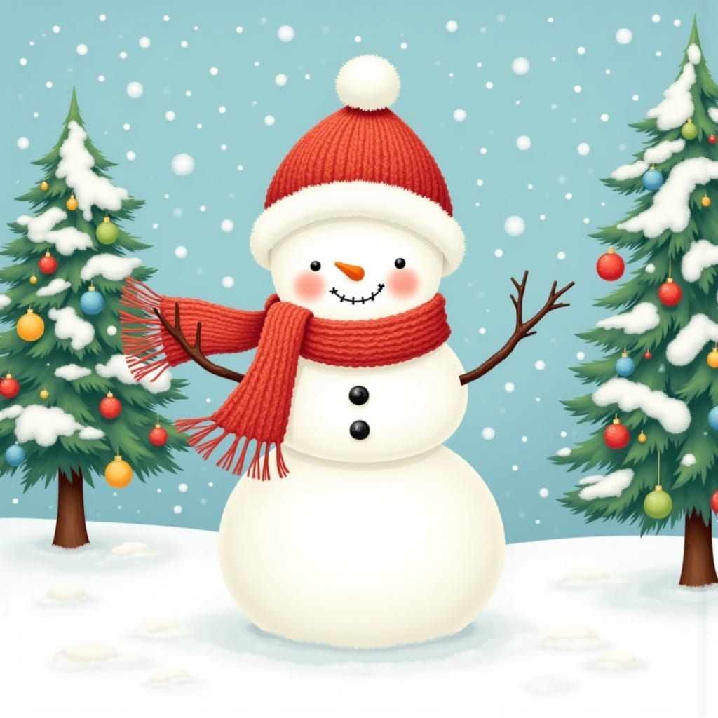 <lora:Christmas Cheer:1.0>a cheerful and friendly snowman in a festive winter scene.
The snowman has a classic round, smooth shape with thre...