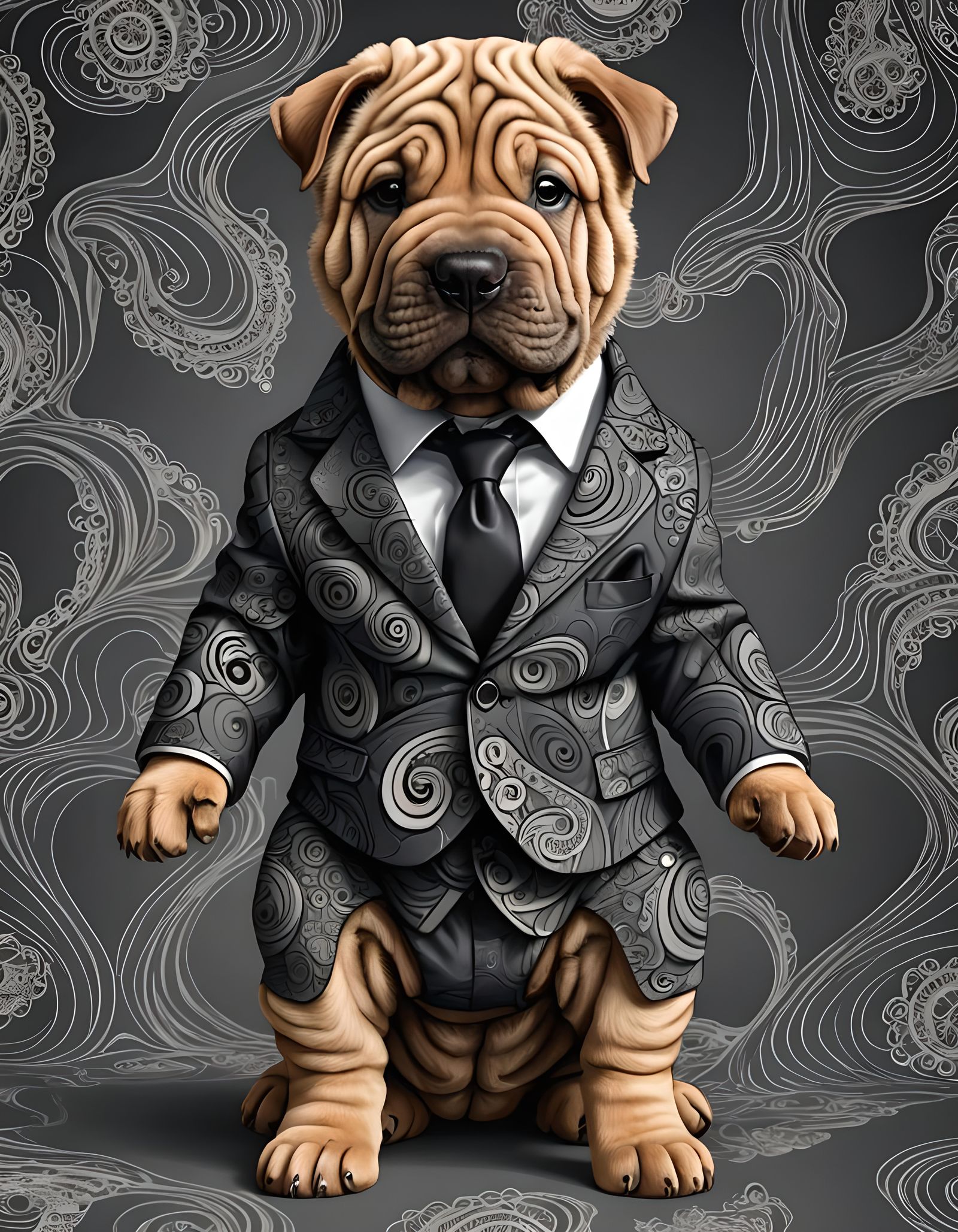 A  anthropomorphic Image of a Sharpei puppy dog wearing a fo...