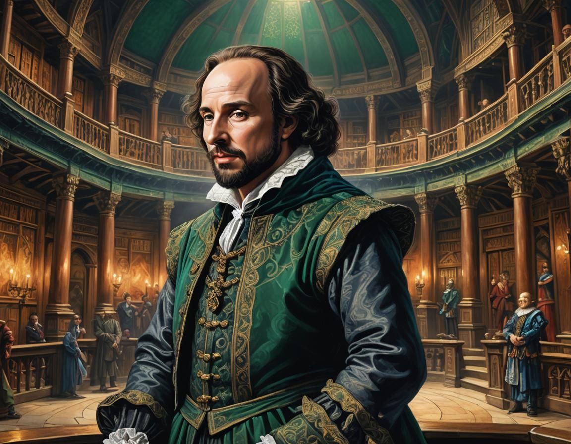 William Shakspear inside the Globe Theatre close to one of the most famous theatres in the world. Hyperrealistic, splash art, concept art, m...