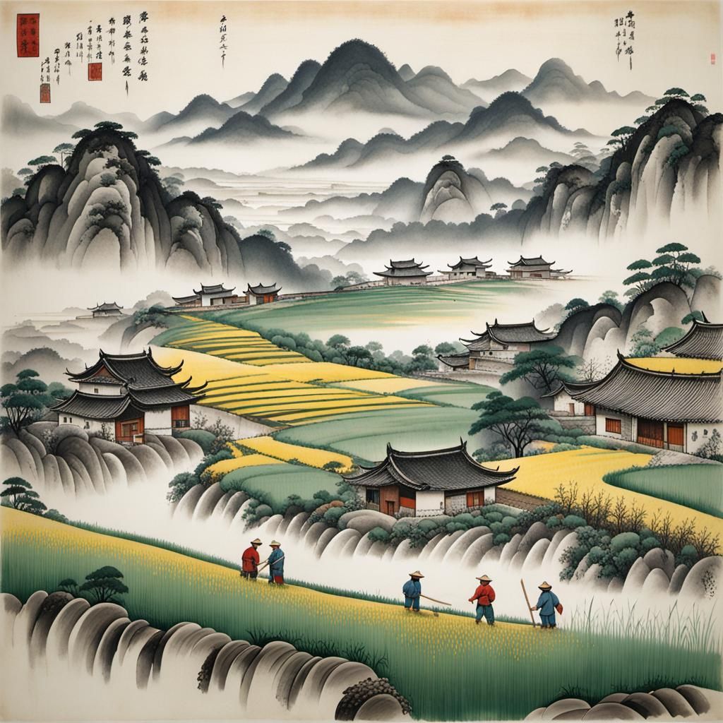 Terraced Fields in Chinese Ink Painting Style