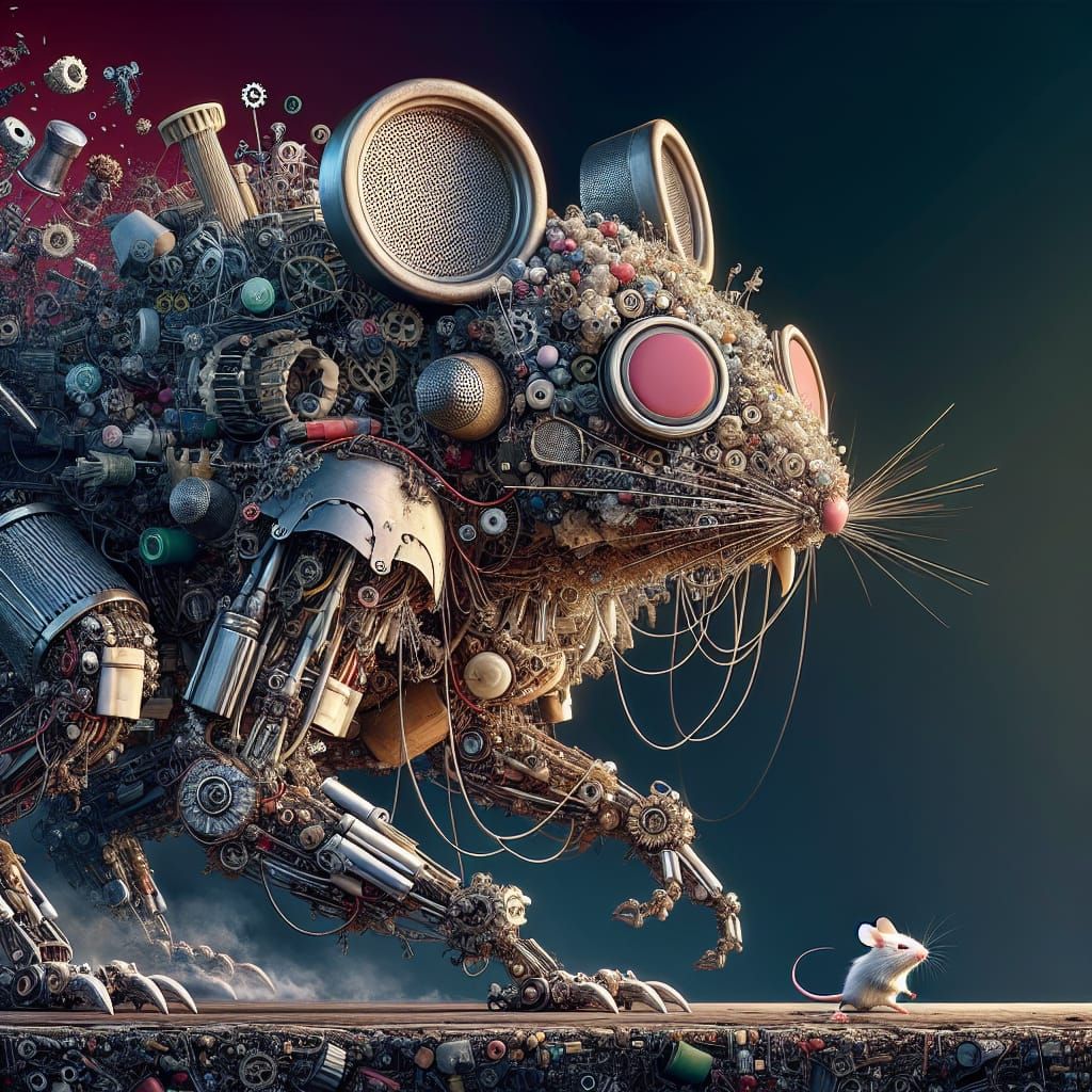 A mouse piloting a mecha made out of thimbles, gears, string...