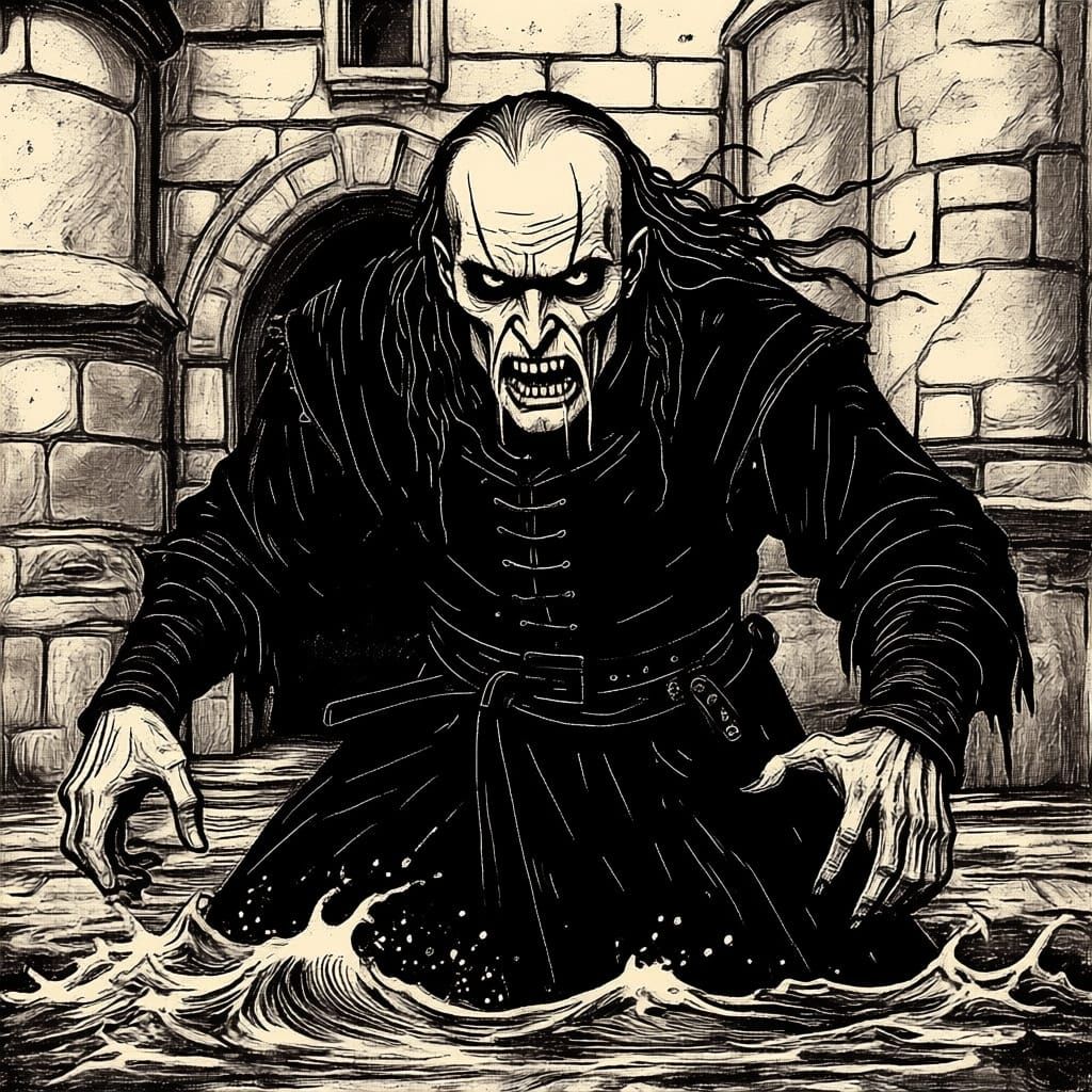 A medieval woodcut of a revenant. His eyes are dark, the head balding with a few streaks of long stringy hair. He is dressed in black mediev...