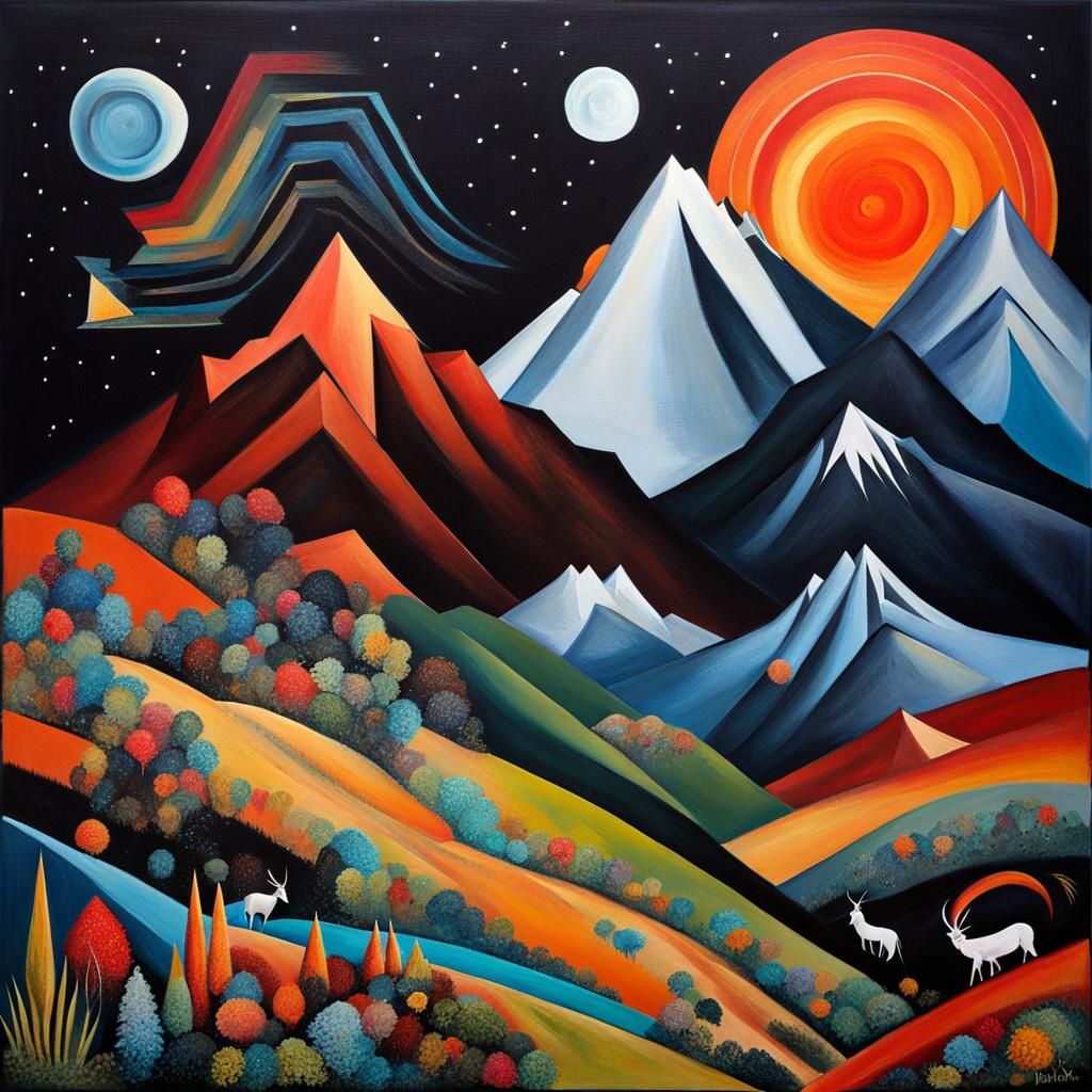 Mountain landscape with rainbow in dada style