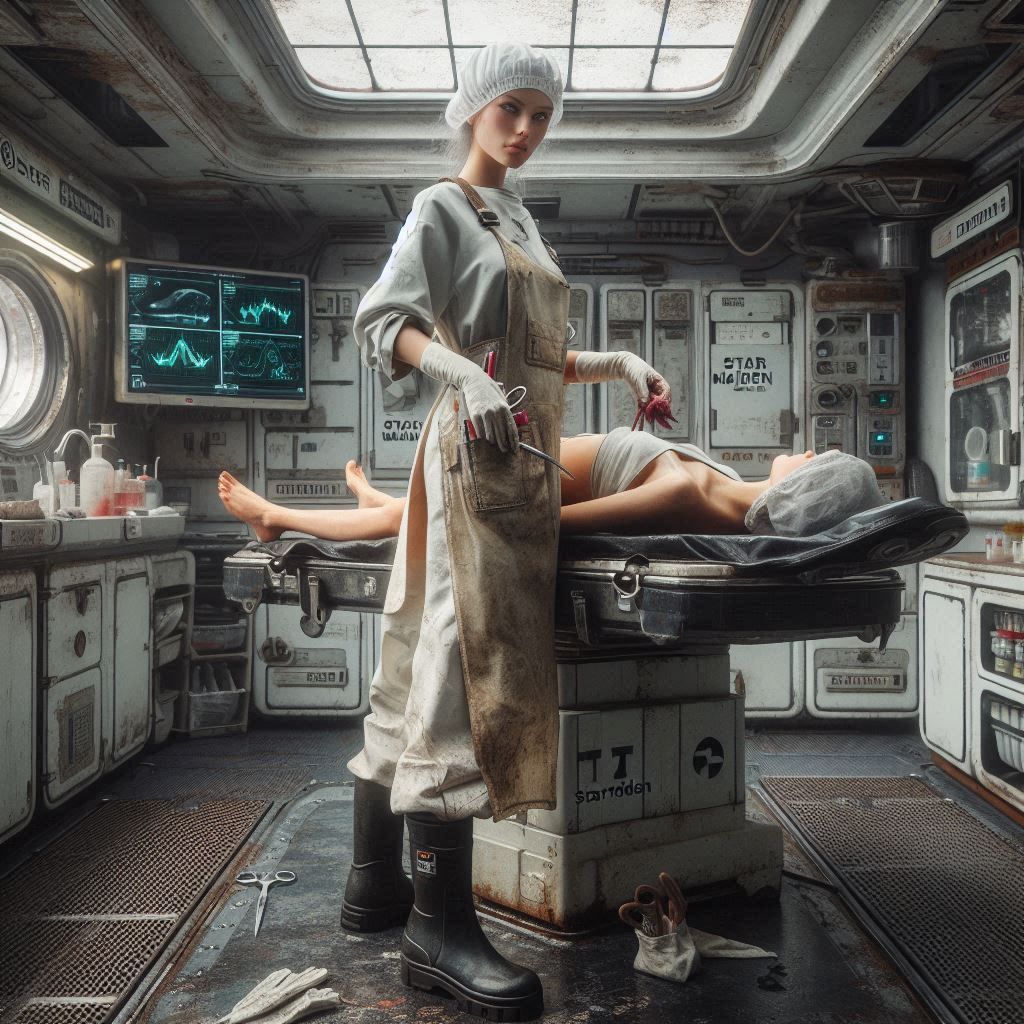 The doc is performing surgery in the medical bay of an old s...