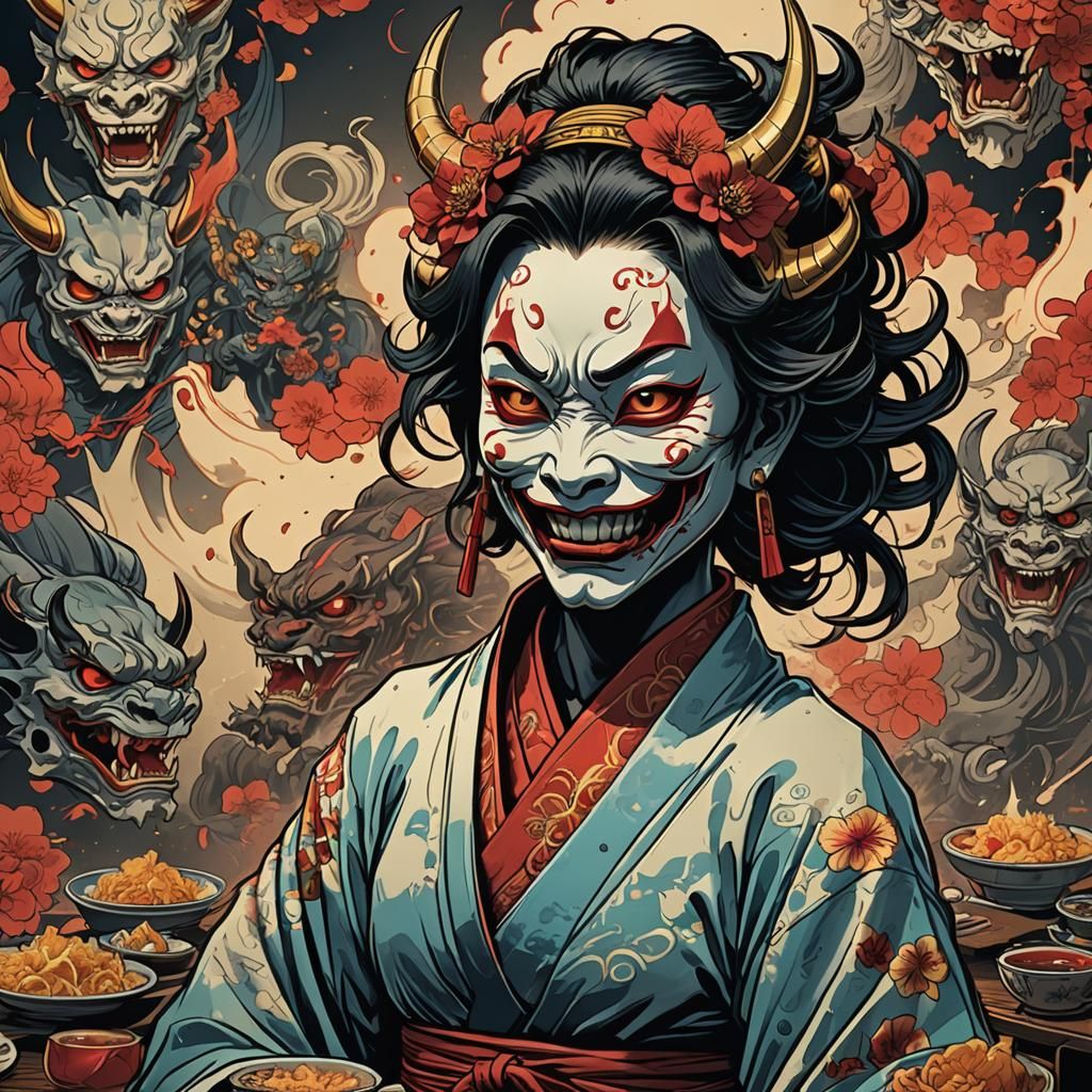 Hannya Masked Girl in Samurai Comic Style