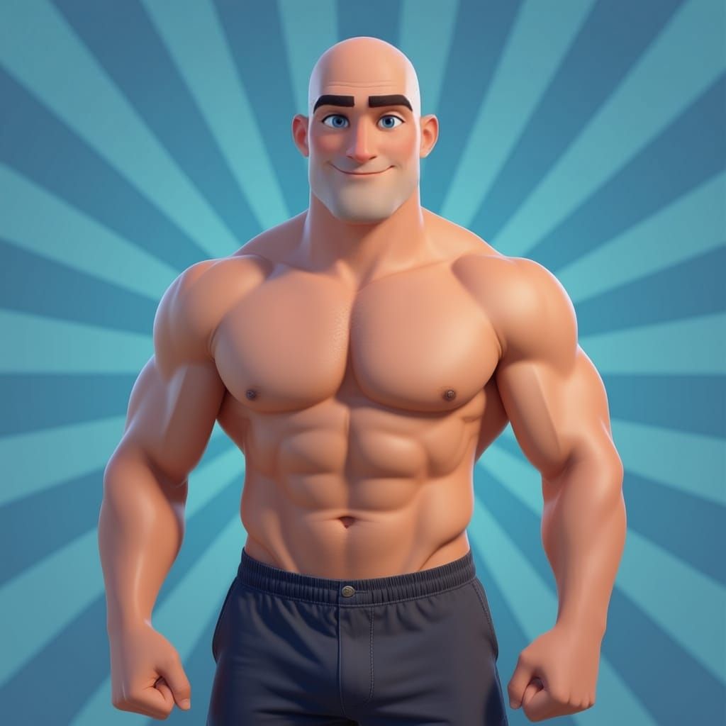 Generate a make about 30 bald head wears long shorts and no shirt bright blue eyes 5' 8 tall very confident and buff quit he is Christina bo...