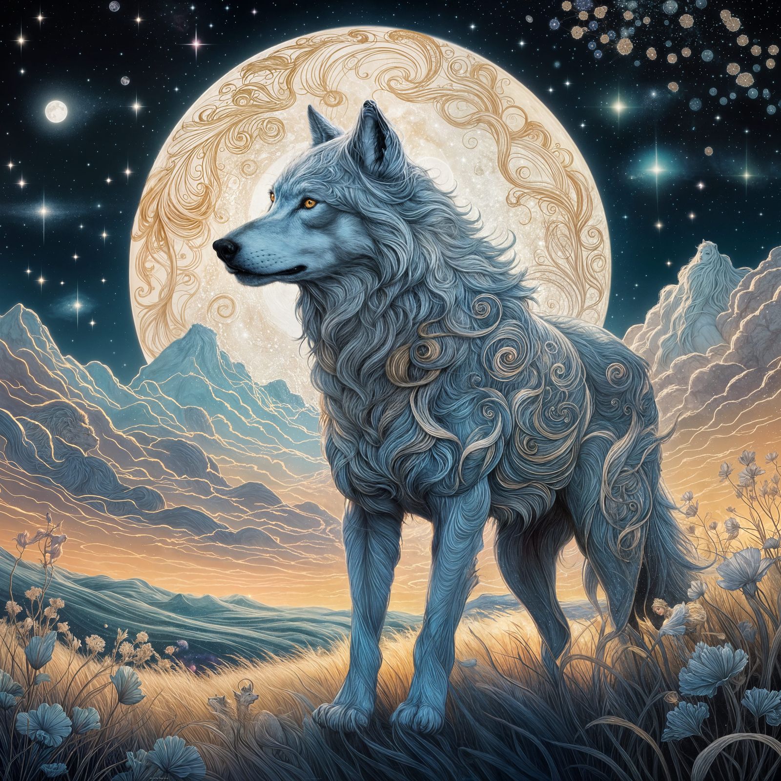 A majestic ethereal spirit wolf, woven from pure moonlight and cosmic dust, gallops across a field of ...  by @undefined