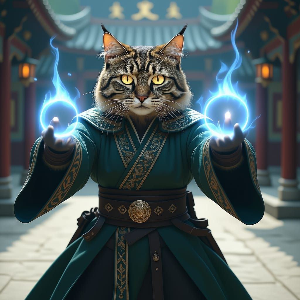 A muscular warrior cat looks at the camera, waving its hands to cast magic, with its clothes flying in the wind. the camera rotates around t...