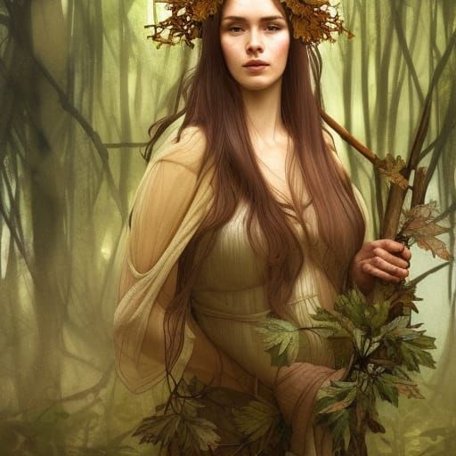In an forest. A female druid wearing a crown of oak leaves. She holds a wooden staff. Beautiful and sorrowful, ...  by @Colin Sean