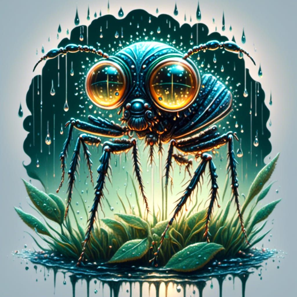 An insanely detailed intricate glowing transparent cute bug made of water with eyes on sticks on a green leaf with raindrops in  the rain  <...
