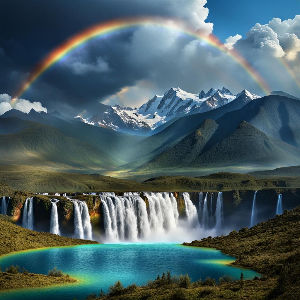 Epic Waterfall Rainbow Mountainscape: Digital Matte Painting