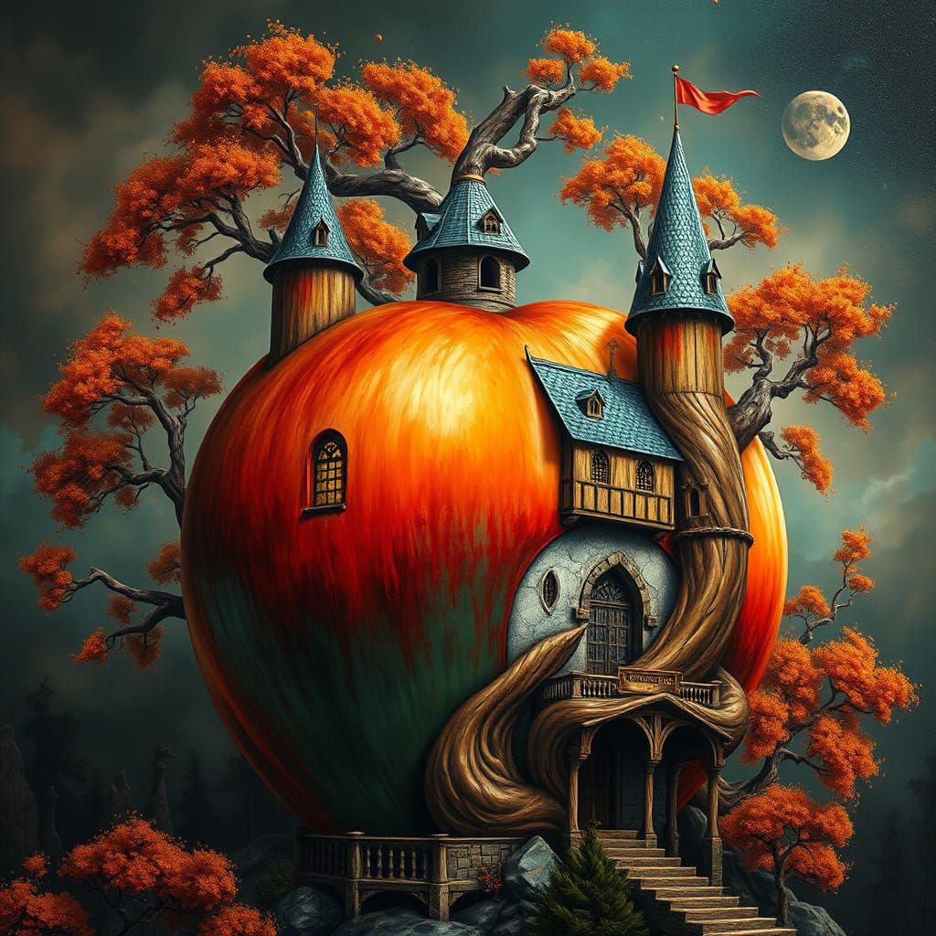 Realistic oil painting. An apple-shaped castle with tree-trunk towers. intricate details, HDR, beautifully ...  by @Luunabee