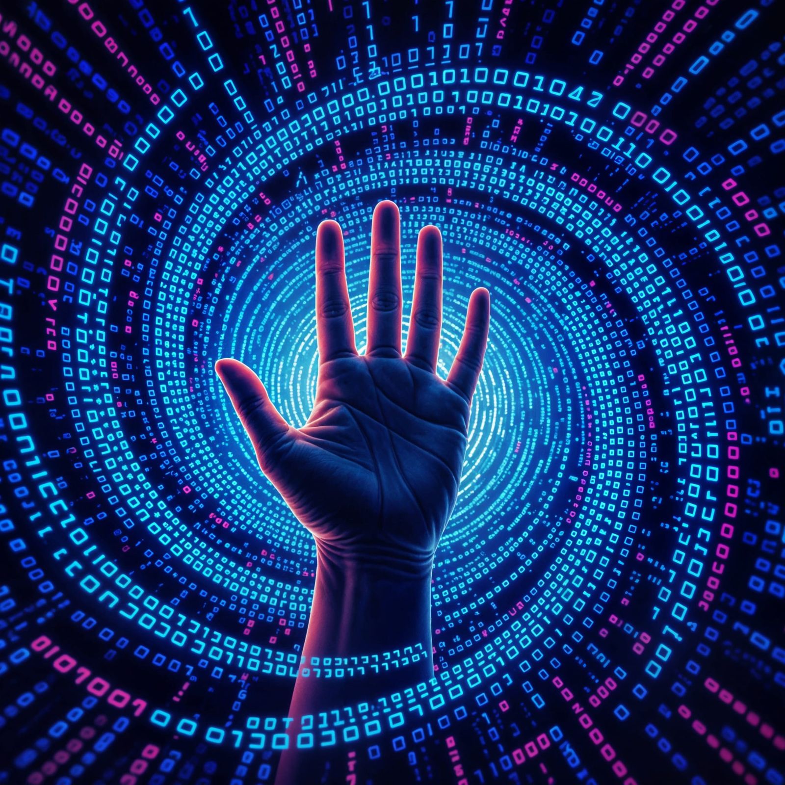 A hand, rendered with hyperrealistic detail, emerges from a swirling vortex of binary code. The fingertips ...  by @P S