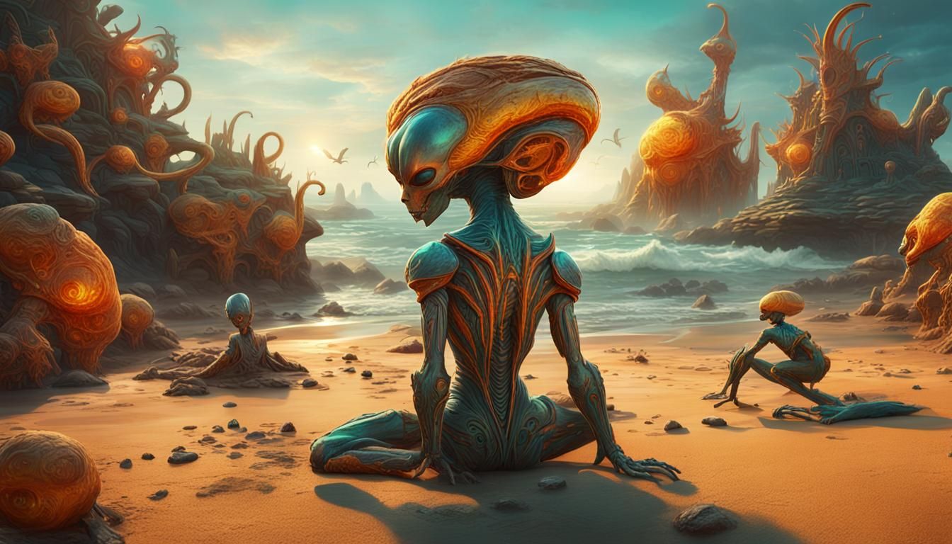 schöne alienfrauen im vordergrund, am strand,alien -pets,tür...