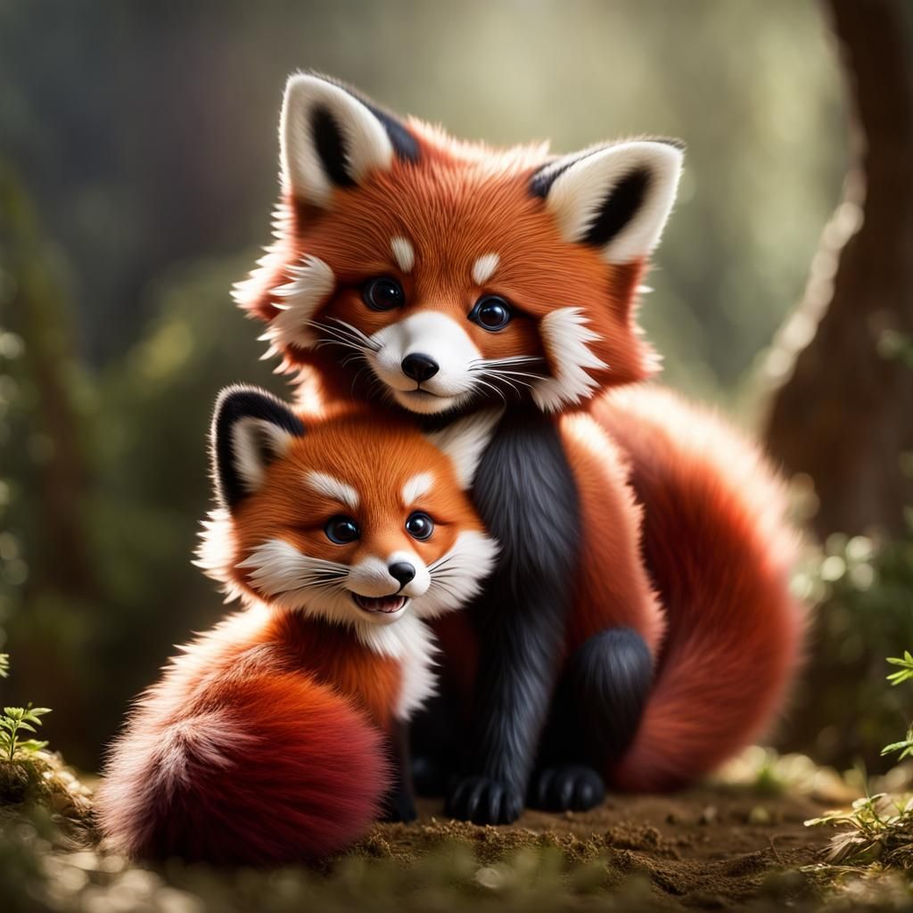 cute baby red fox with giant fluffy red panda tail - AI Generated ...