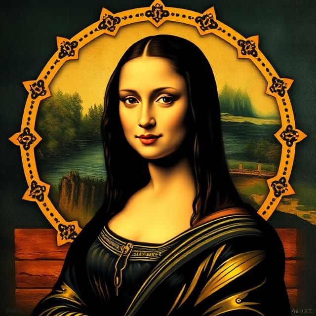 MONA LISA DRESSED IN A BLACK AND GOLD EVENING GOWN.