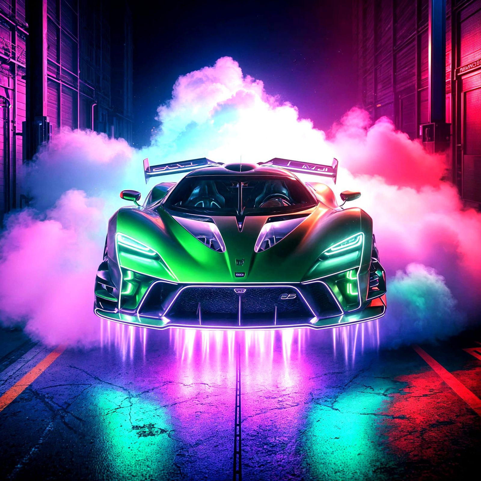 A flying superhypercar neon green and purle hovering Bugatti...