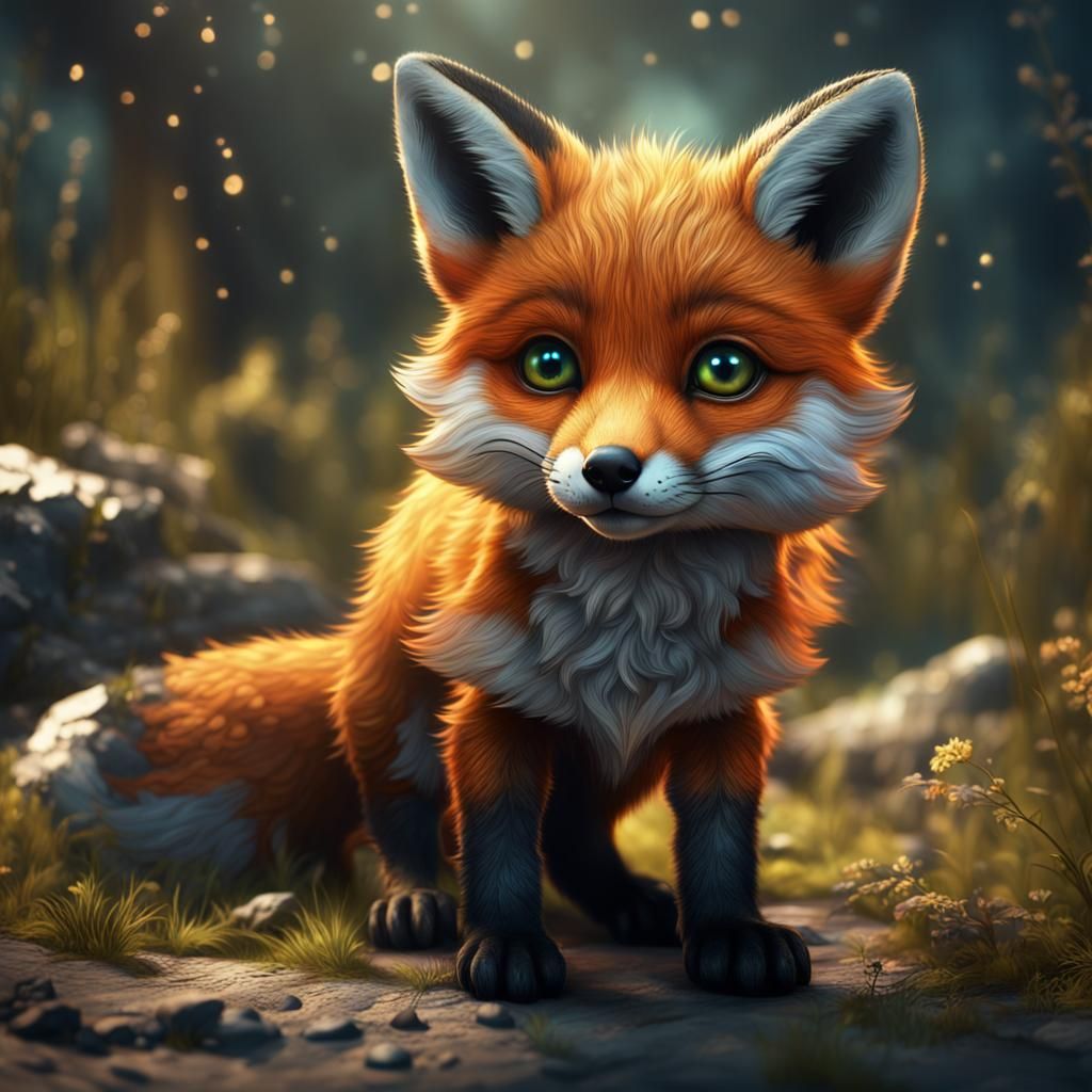 baby fox with big black eyes  by @CHICKEN
